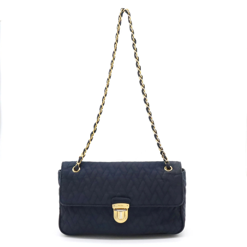 Prada Quilted Chain Shoulder Bag Hobo Leather Navy Blue